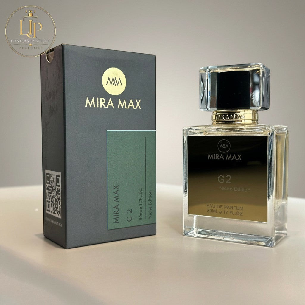 London Inspired Perfumes G2 Mira Max 50ml Eau de Parfum bottle with box. Leather fragrance with notes of tangerine, cumin, saffron, violet, and osmanthus.