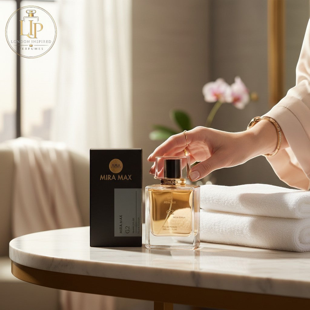 London Inspired Perfumes G2 Mira Max 50ml Eau de Parfum, a leather fragrance with tangerine, saffron, violet, and cumin notes.