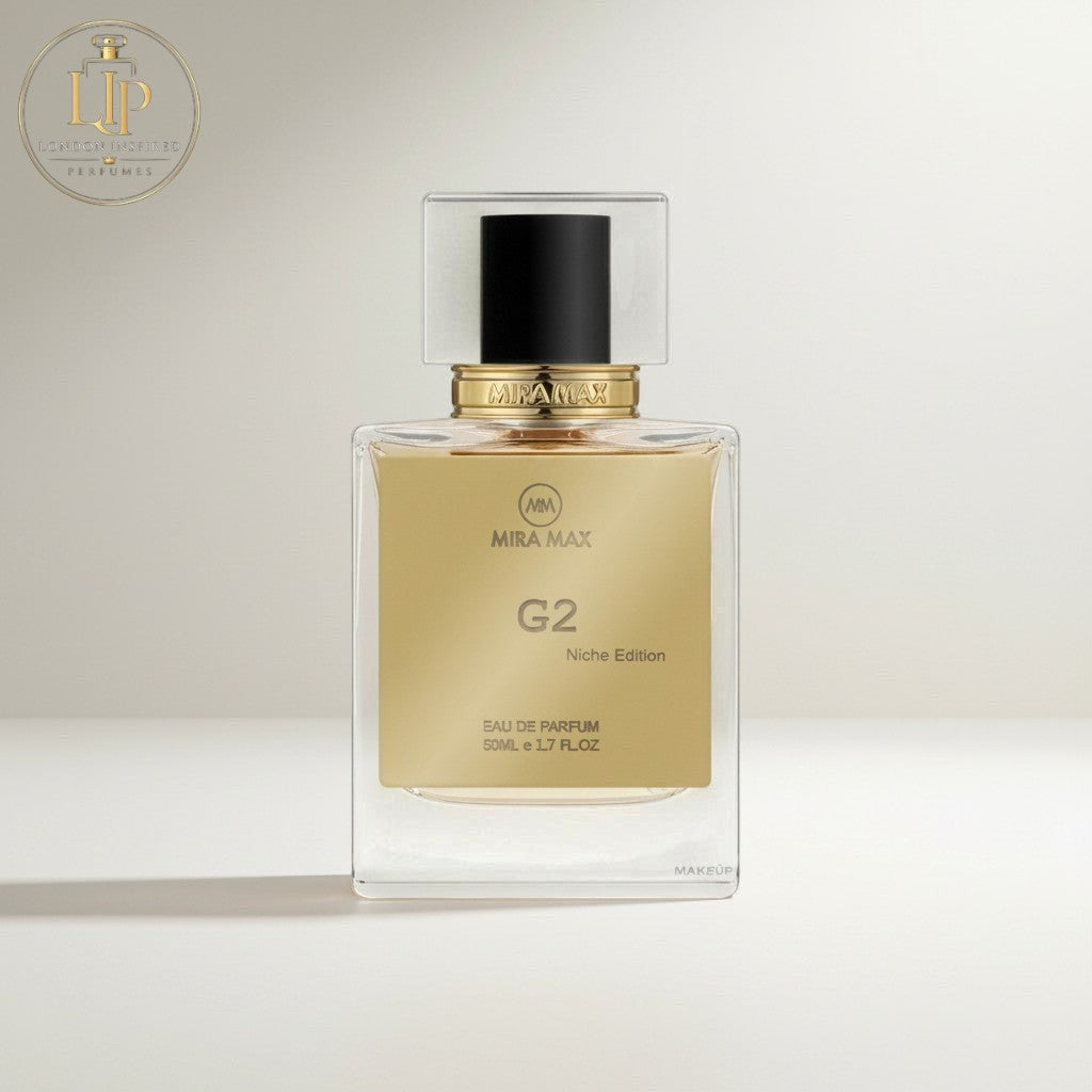 London Inspired Perfumes G2 Mira Max 50ml Eau de Parfum bottle with gold label and black cap. Leather fragrance.