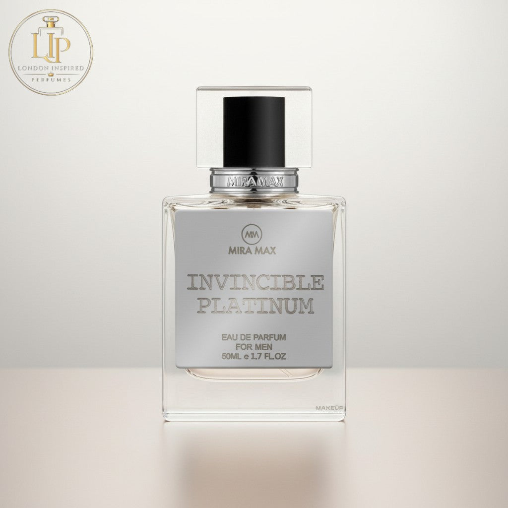 London Inspired Perfumes INVINCIBLE PLATINUM Mira Max 50ml Eau de Parfum for men with notes of grapefruit, mint, lavender, cypress, and patchouli.