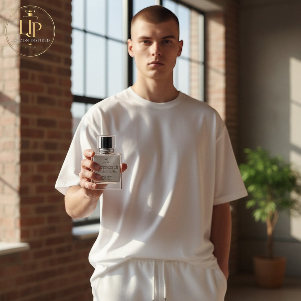 London Inspired Perfumes INVINCIBLE PLATINUM Mira Max 50ml Eau de Parfum for men with notes of grapefruit, mint, lavender, cypress, and patchouli.