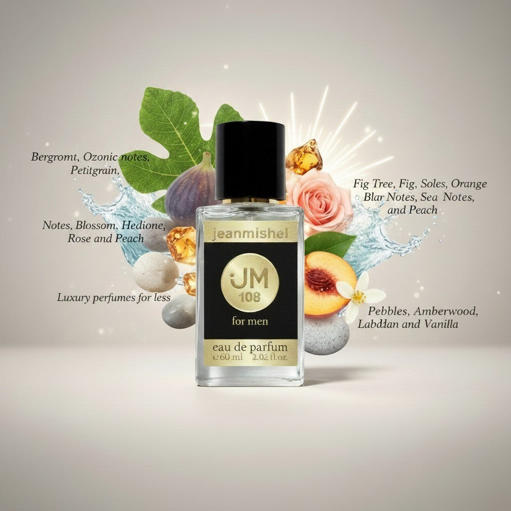 Jeanmishel 108 for men eau de parfum, a clear glass bottle with a black cap and a black label featuring gold text.