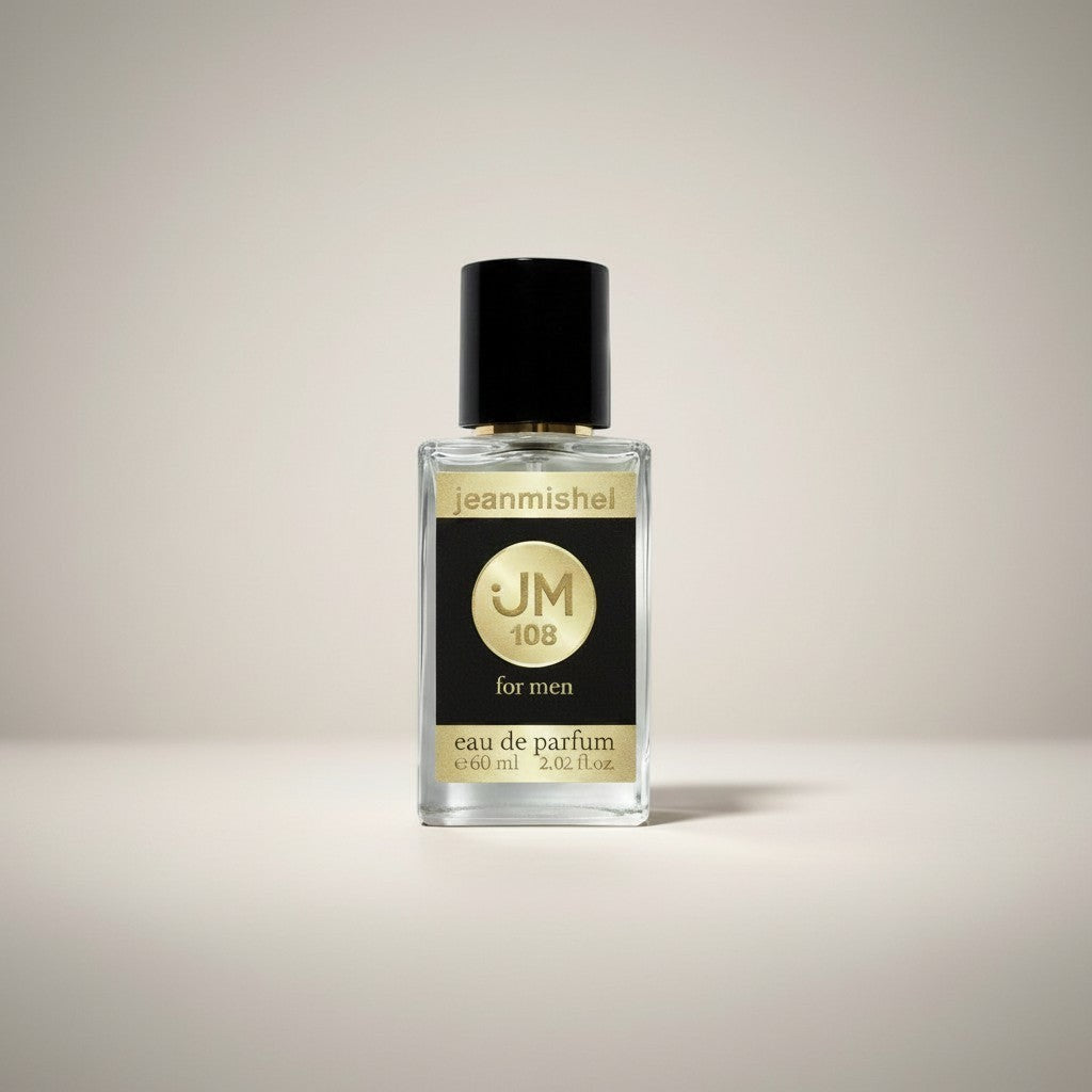 Jeanmishel 108 for men eau de parfum, a clear glass bottle with a black label and gold text.
