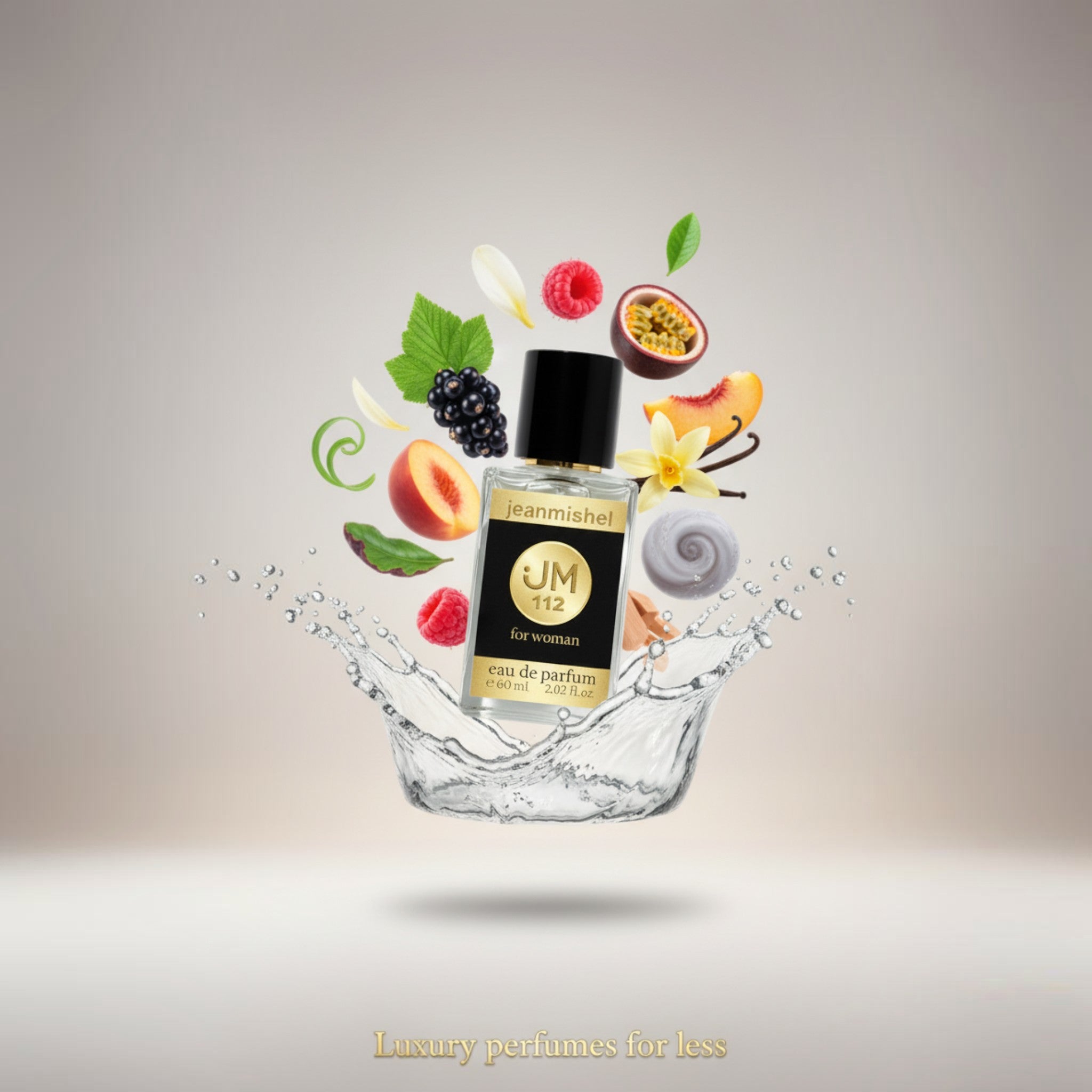 London Inspired Perfumes Jeanmishel 112 eau de parfum for women, fruity chypre with notes of blackcurrant, raspberry, passion fruit, peach, lily of the valley, vanilla, musk, patchouli, sandalwood.