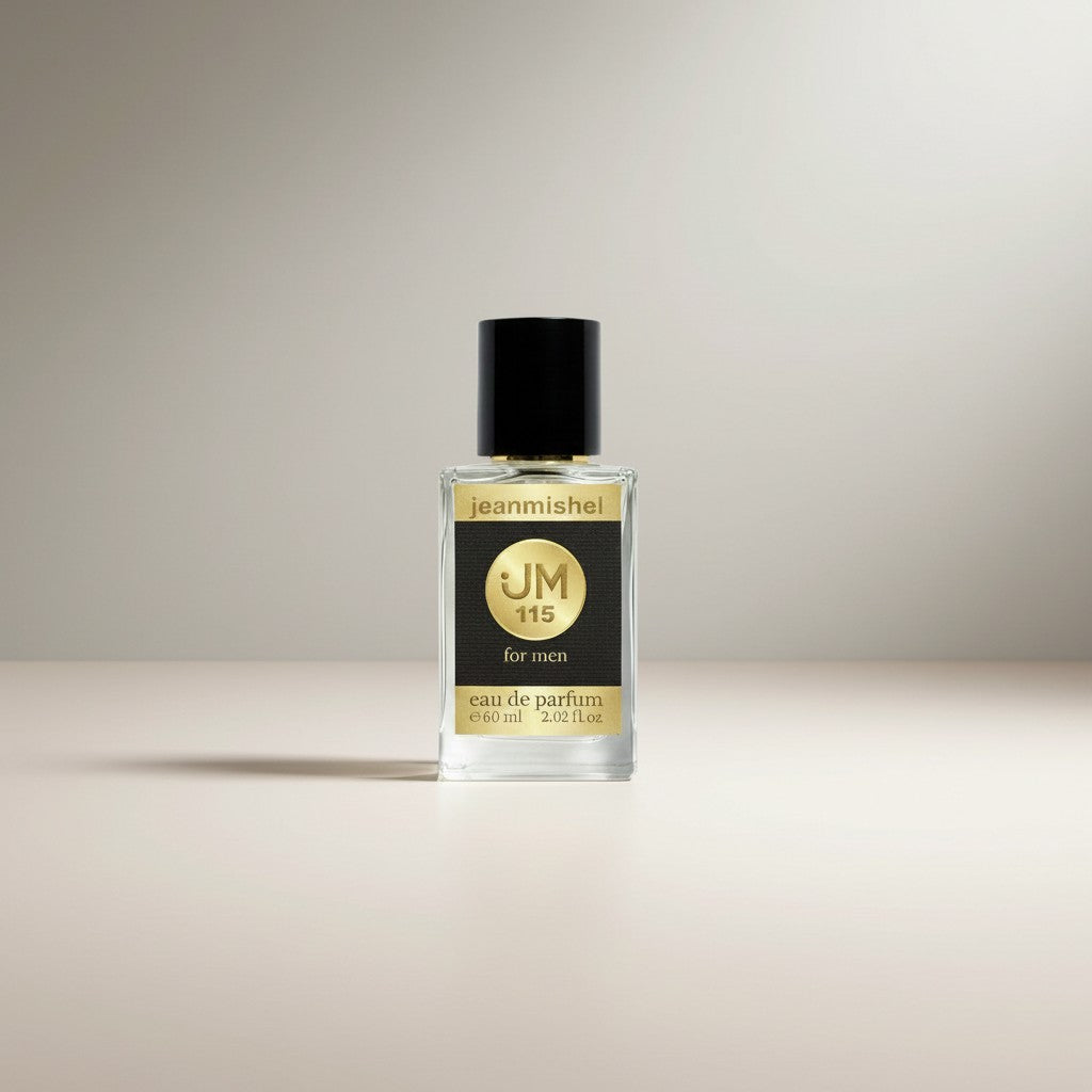 London Inspired Perfumes Jeanmishel 115 eau de parfum for men, 60ml bottle with black cap and gold label.
