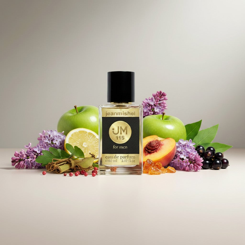 London Inspired Perfumes Jeanmishel 115 Eau de Parfum for men, 60ml bottle with black cap and gold label.