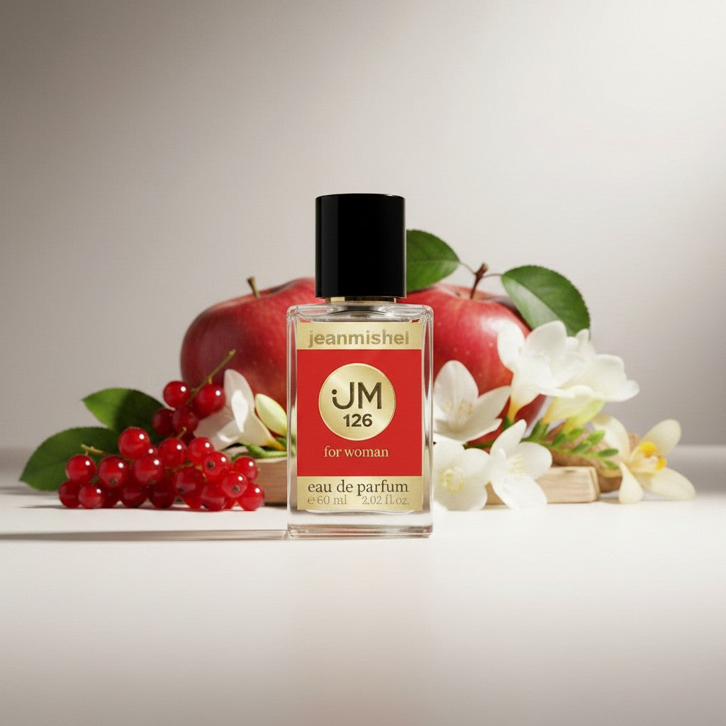 Jeanmishel 126 Eau de Parfum for women, a fruity floral scent with notes of red currant, jasmine, and vanilla orchid.