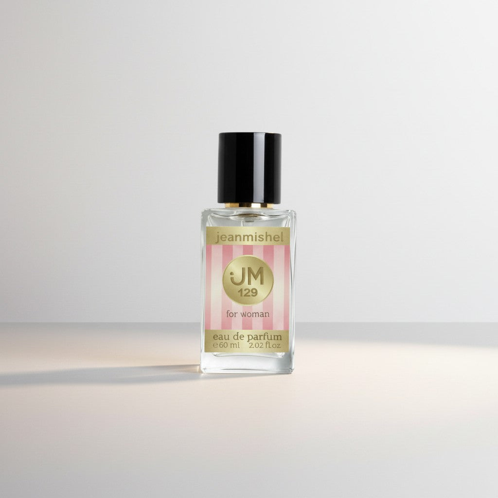 London Inspired Perfumes Jeanmishel 129 for woman eau de parfum bottle with pink striped label and gold JM logo.