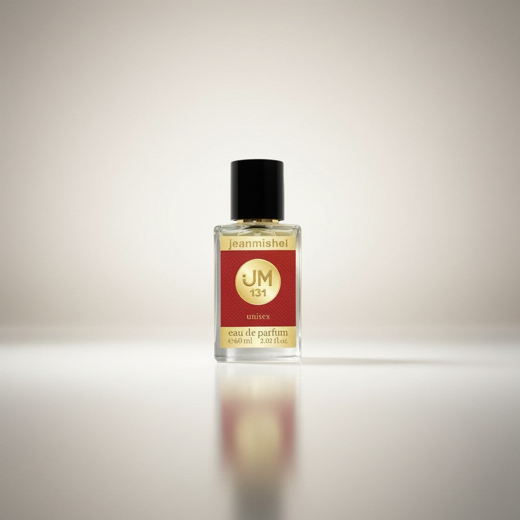 London Inspired Perfumes Jeanmishel 131 unisex eau de parfum bottle with a black cap and gold label featuring red accents.
