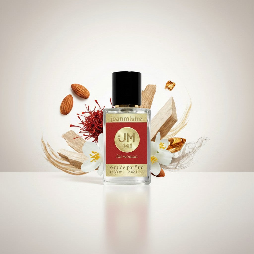 Jeanmishel 141 eau de parfum for woman, a luxurious oriental floral fragrance with saffron, jasmine, amberwood, and musk notes.
