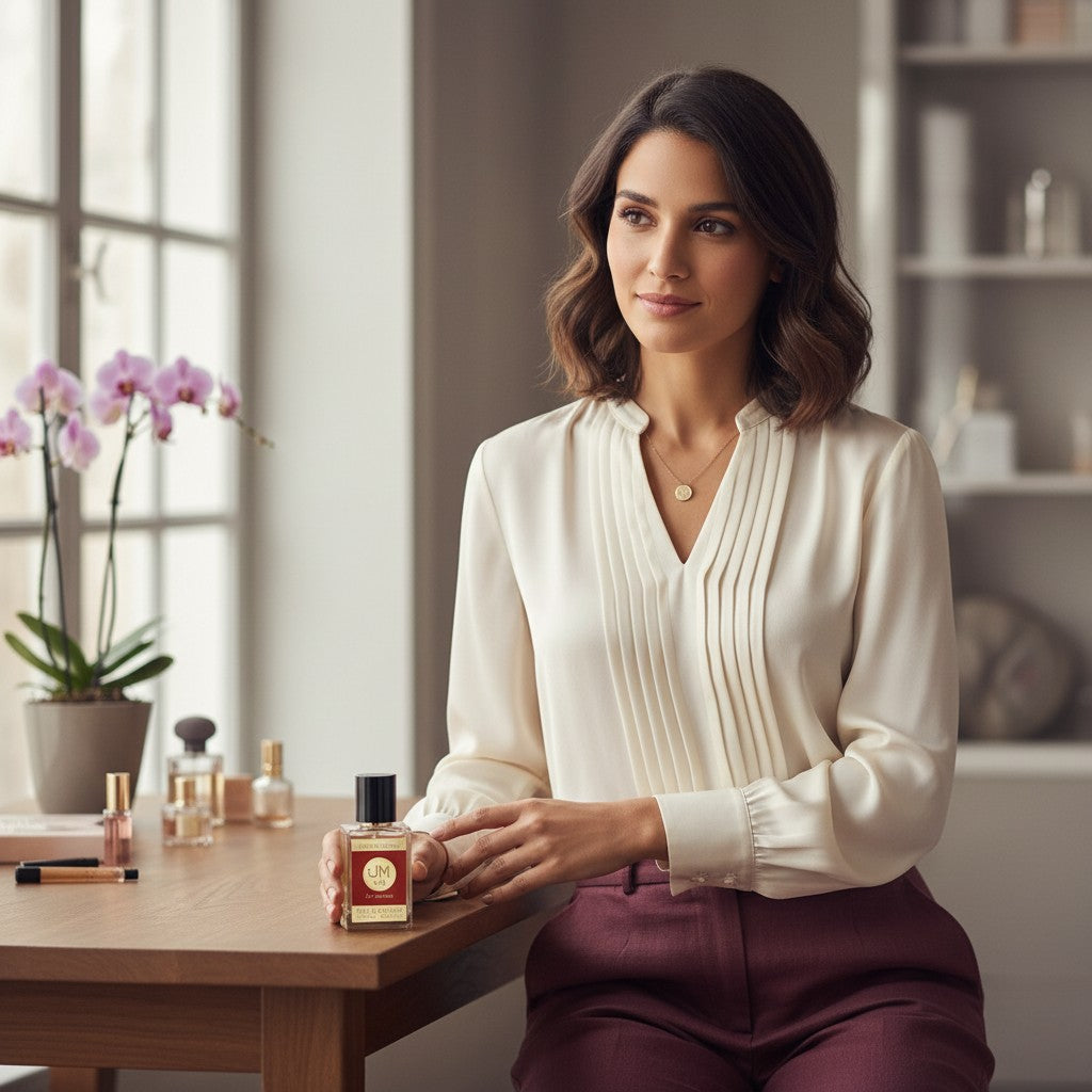Jeanmishel 141 eau de parfum for woman, a luxurious oriental floral fragrance with saffron, jasmine, and amberwood notes.
