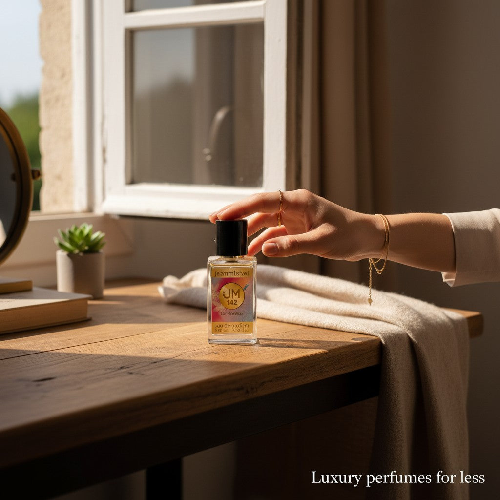 London Inspired Perfumes Jeanmishel 142 eau de parfum for women, fruity floral scent with pineapple, peach, and amber notes.
