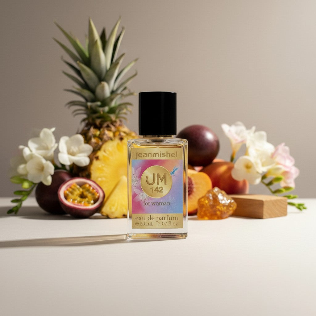 London Inspired Perfumes Jeanmishel 142 eau de parfum for women, fruity floral scent with pineapple, peach, and amber notes.