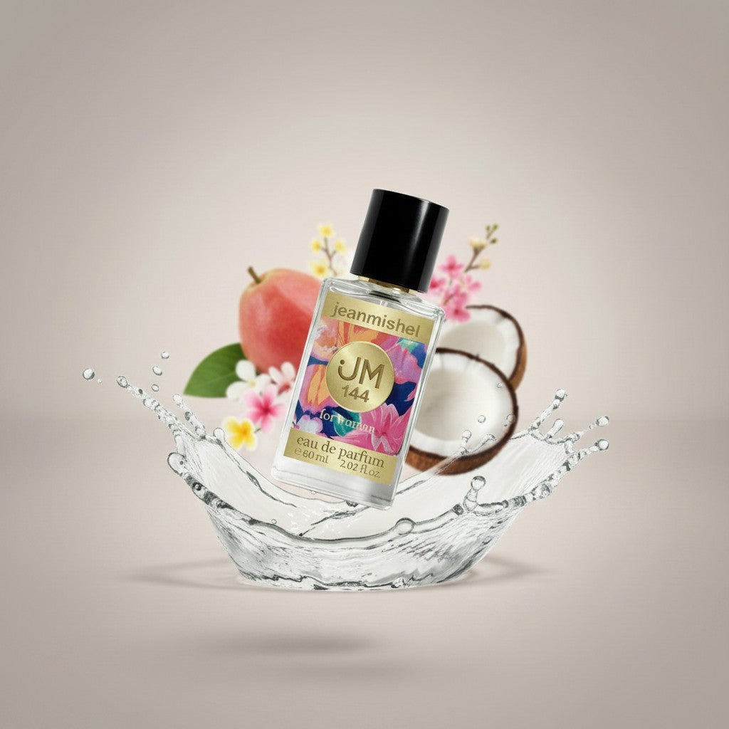 Jeanmishel 144 Eau de Parfum for women, a fruity floral fragrance with notes of guava, coconut, and vanilla.