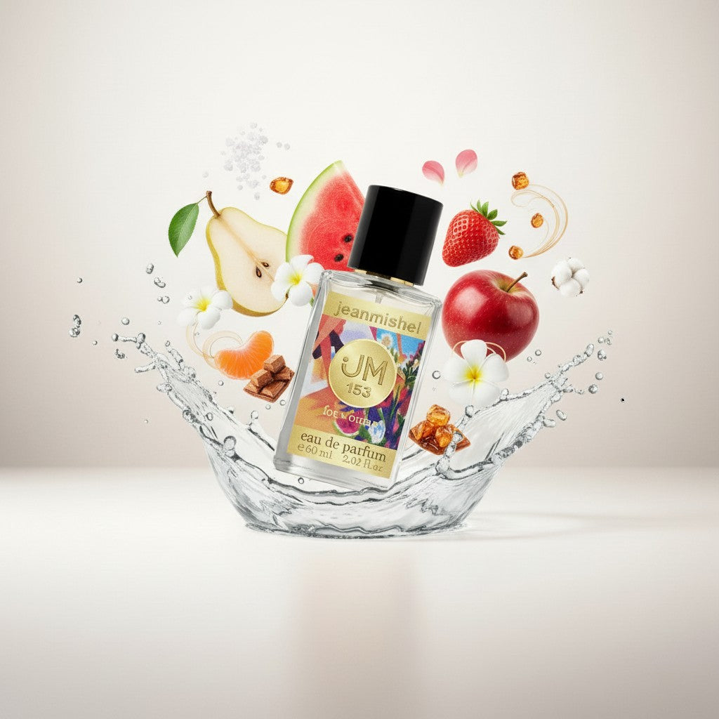 Jeanmishel 153 eau de parfum for women, a fruity and floral scent with notes of pear, watermelon, and rose.
