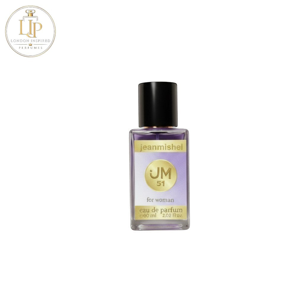 London Inspired Perfumes Jeanmishel 51 eau de parfum for women, fruity floral scent with notes of tea, peony, peach, amber, lilac, musk, cedar, osmanthus, and petitgrain.