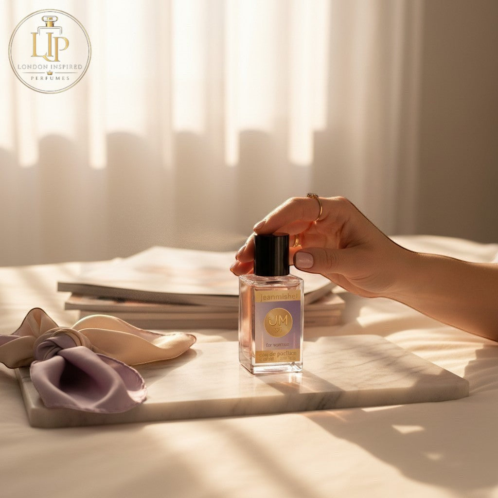Jeanmishel 51 eau de parfum for women, fruity-floral scent with notes of tea, peony, peach, amber, lilac, musk, cedar, and osmanthus.