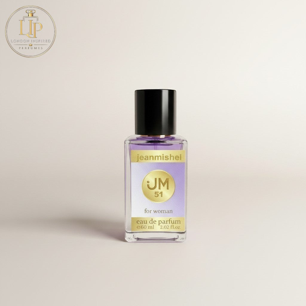 London Inspired Perfumes Jeanmishel 51 for woman eau de parfum, fruity floral scent with notes of tea, peony, peach, amber, lilac, musk, cedar, osmanthus, and petitgrain.