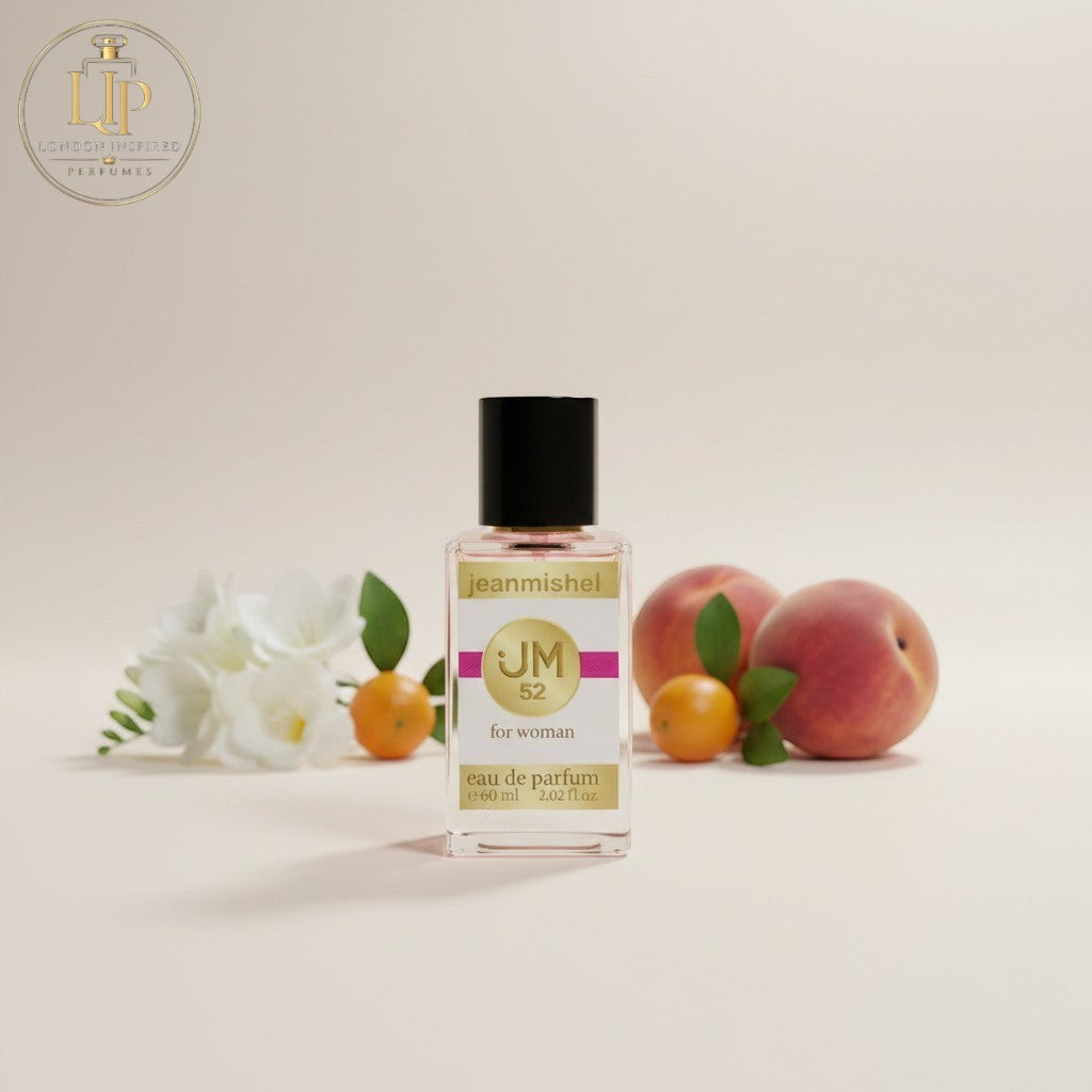 London Inspired Perfumes Jeanmishel 52 Eau de Parfum for women, a floral fruity fragrance with notes of peach, jasmine, and amber.