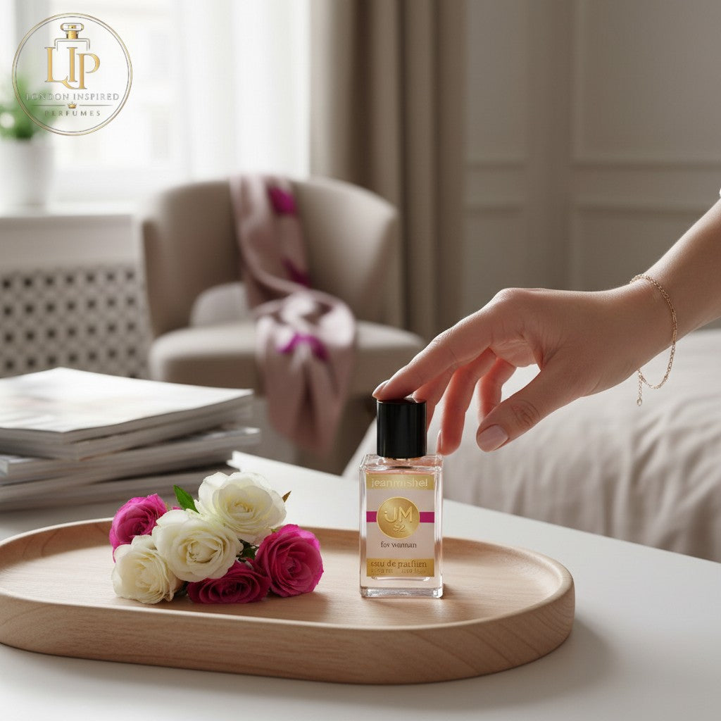 London Inspired Perfumes Jeanmishel 52 Eau de Parfum for women, a floral fruity fragrance with notes of freesia, orange, peach, jasmine, rose, amber, cedar, and musk.