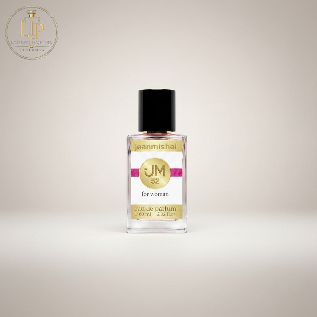 Jeanmishel 52 eau de parfum for women, a floral fruity fragrance with notes of white freesia, bitter orange, peach, jasmine, magnolia, rose, amber, cedar, and musk.