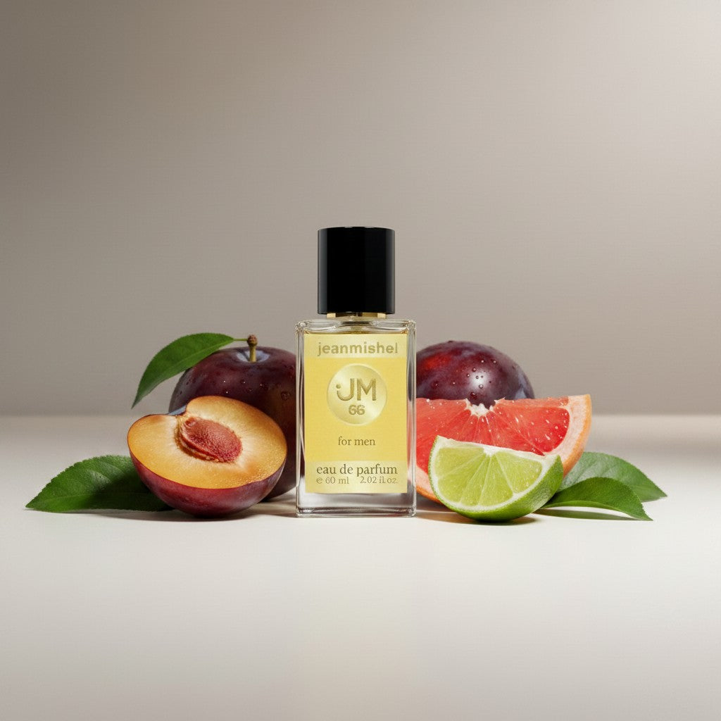 Jeanmishel 66 eau de parfum for men, a woody fragrance with plum, hazelnut, and amber notes.