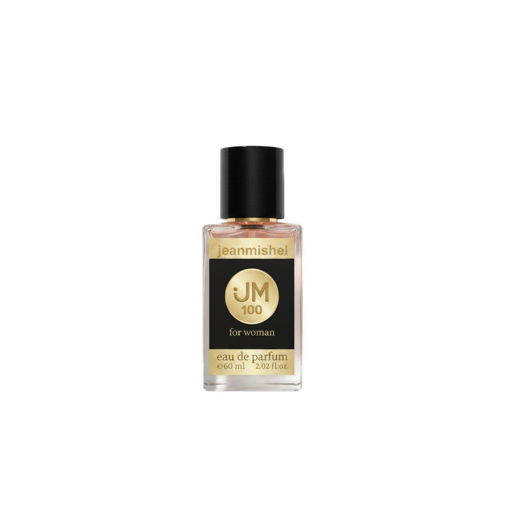 London Inspired Perfumes Jeanmishel JM 100 Eau de Parfum for women, a 60ml bottle with a black cap and gold label.