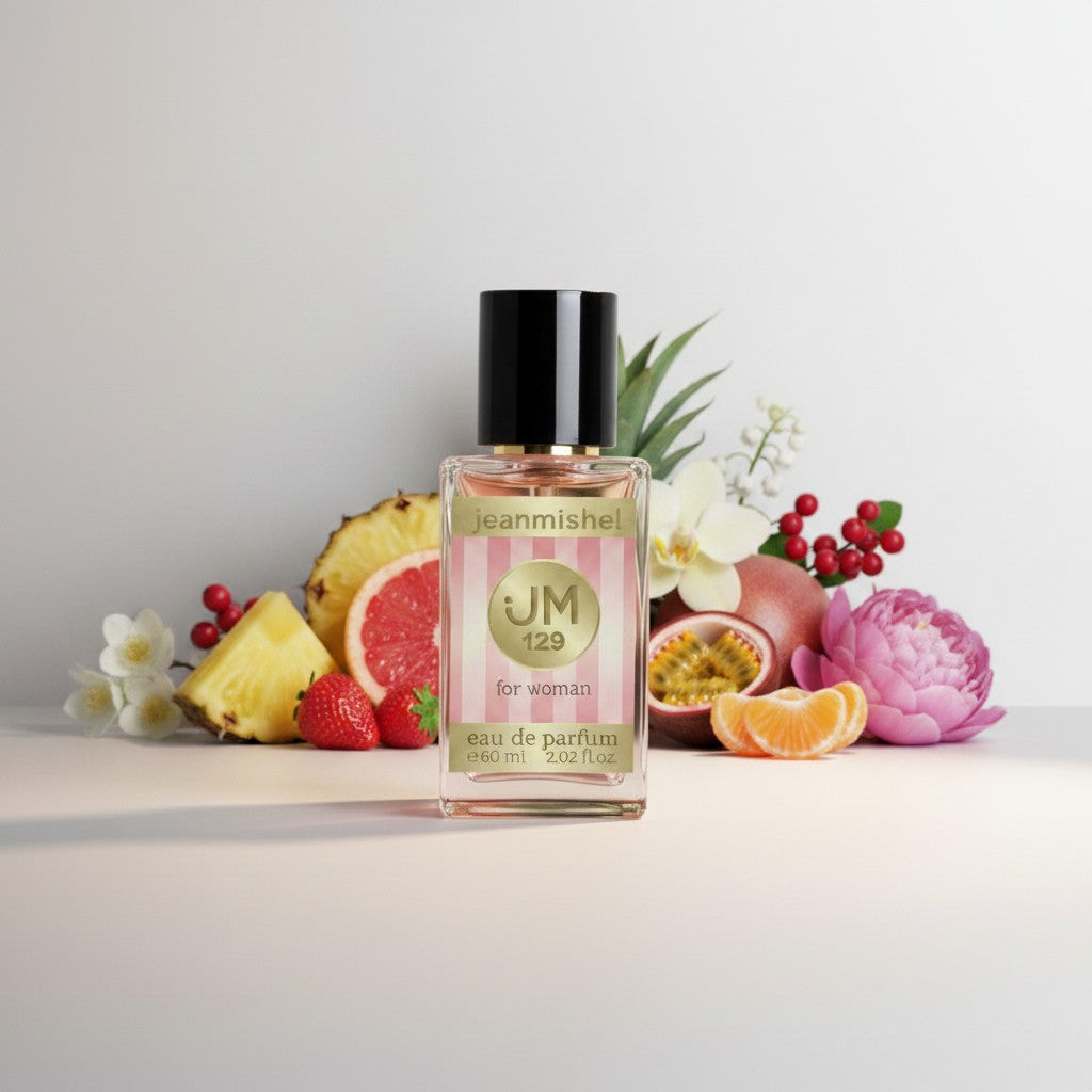 Jeanmishel JM 129 for woman eau de parfum, fruity floral scent with pineapple, passionfruit, vanilla orchid, and peony notes.