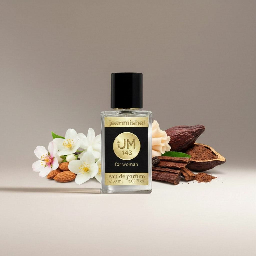 Jeanmishel JM 143 Eau de Parfum for women, a floral fragrance with almond, jasmine, and tonka bean notes.