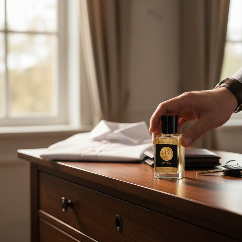 Jeanmishel JM 145 for men eau de parfum 60ml bottle with black cap and gold label.