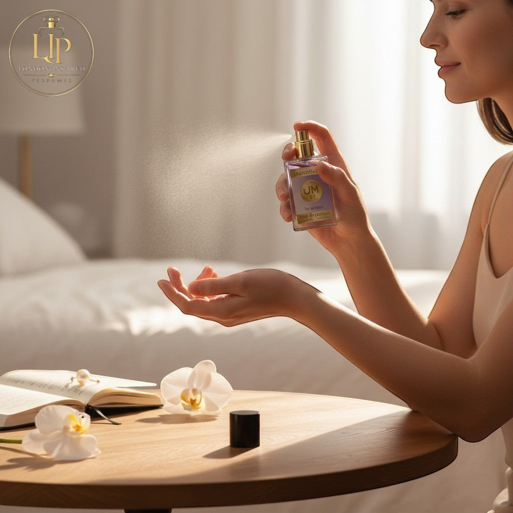 London Inspired Perfumes Jeanmishel JM 51 Eau de Parfum for women, fruity-floral scent with notes of tea, peony, peach, amber, lilac, musk, cedar, and osmanthus.