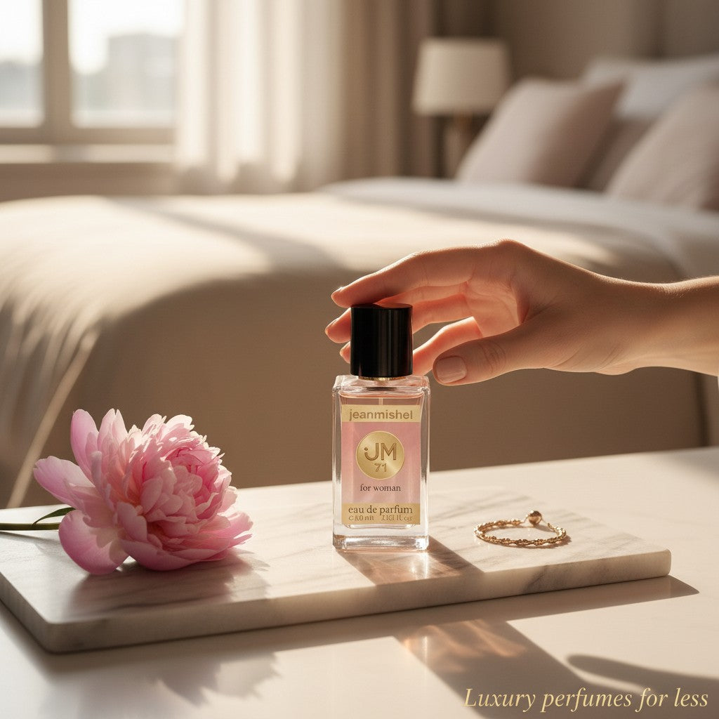 Jeanmishel JM 71 eau de parfum for women, floral fruity fragrance in a clear glass bottle with a black cap.
