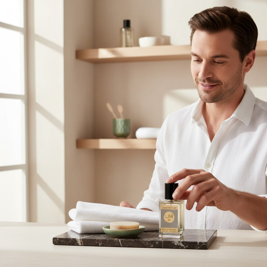 Jeanmishel JM 91 eau de parfum for men, a woody oriental fragrance with notes of lemon, pink pepper, amber, and sandalwood.