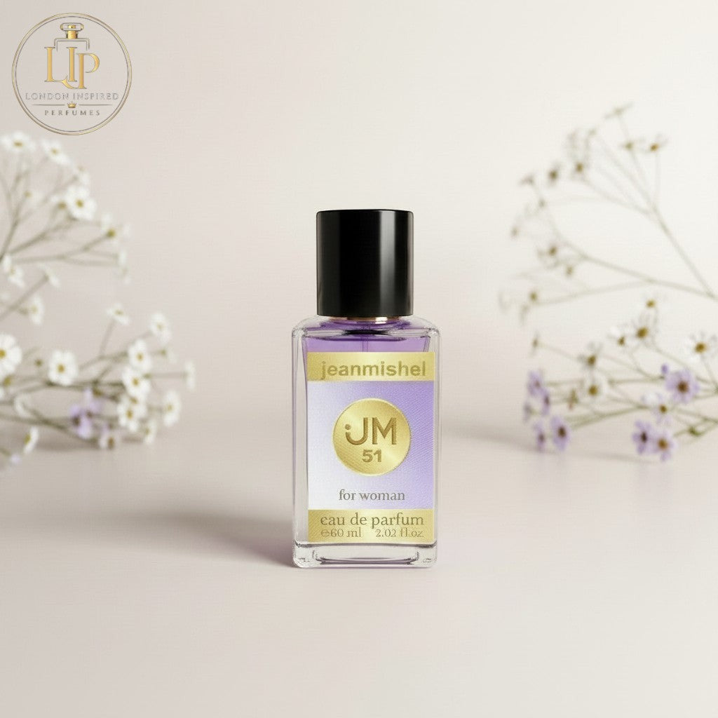 London Inspired Perfumes Jeanmishel JM 51 Eau de Parfum for women, fruity-floral scent with notes of tea, peony, peach, amber, lilac, musk, cedar, osmanthus, and petitgrain.