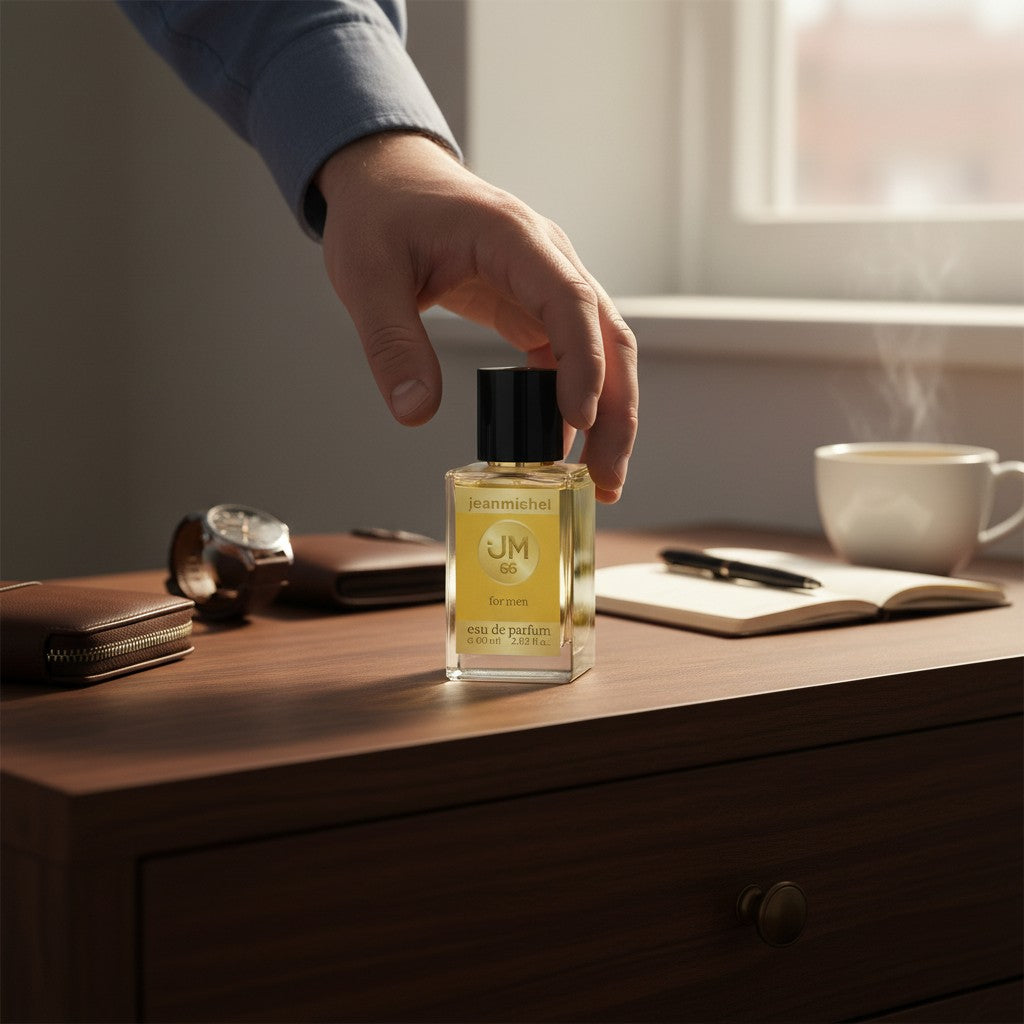 Jeanmishel Sixty-Six for men eau de parfum, 60ml bottle with a yellow label and black cap.