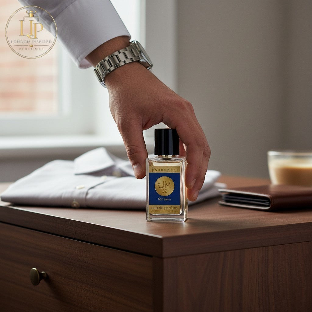 London Inspired Perfumes Jeanmishel Thirty-Nine eau de parfum for men, woody spicy fragrance with grapefruit, bergamot, pepper, and cedar notes.