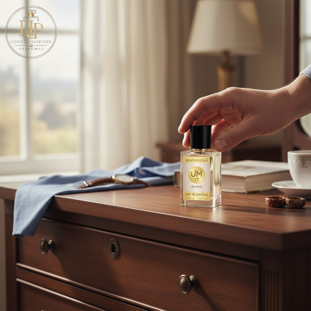 London Inspired Perfumes JM 17 for men eau de parfum 60ml bottle with black cap. Woody aromatic fragrance.