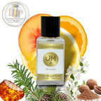 London Inspired Perfumes JM 2 for Men Eau De Parfum 60ml bottle surrounded by peach, orange, lemon slices, pine, amber, nutmeg, and white flowers.