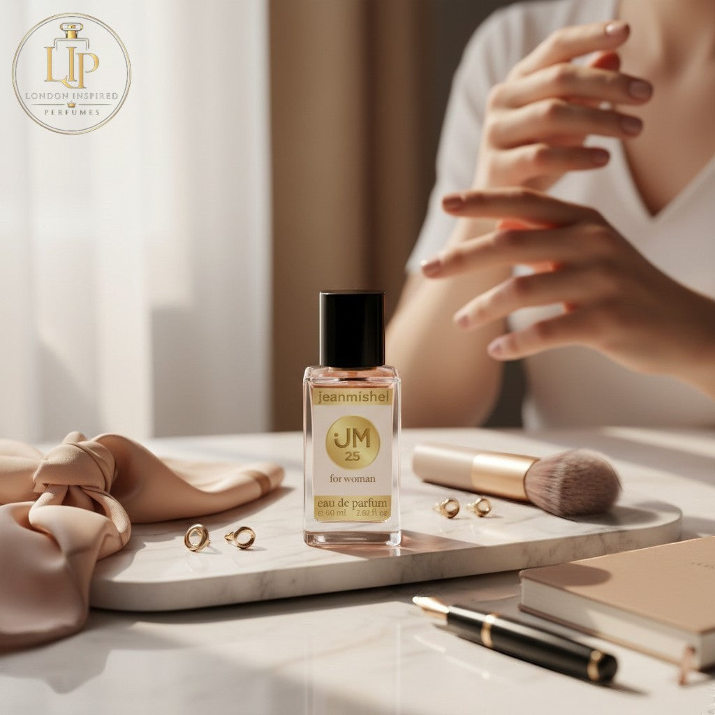 London Inspired Perfumes JM 25 for woman eau de parfum 60 ml bottle with black cap. Fruity, floral, aquatic scent.