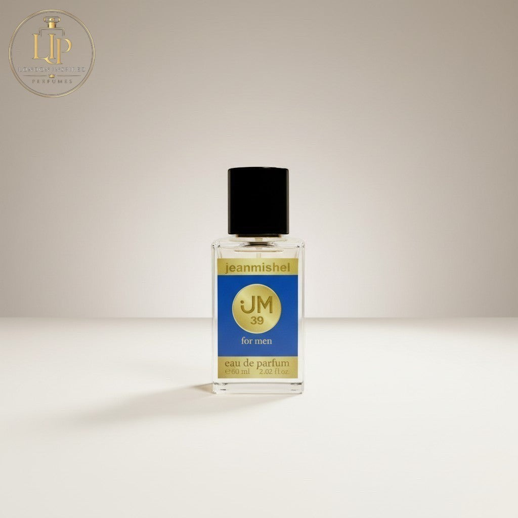 London Inspired Perfumes JM 39 for men eau de parfum, a woody spicy fragrance with grapefruit, bergamot, pepper, and cedar notes.