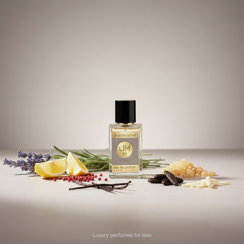 London Inspired Perfumes JM 91 for men eau de parfum bottle with lemon, lavender, and pink peppercorns.