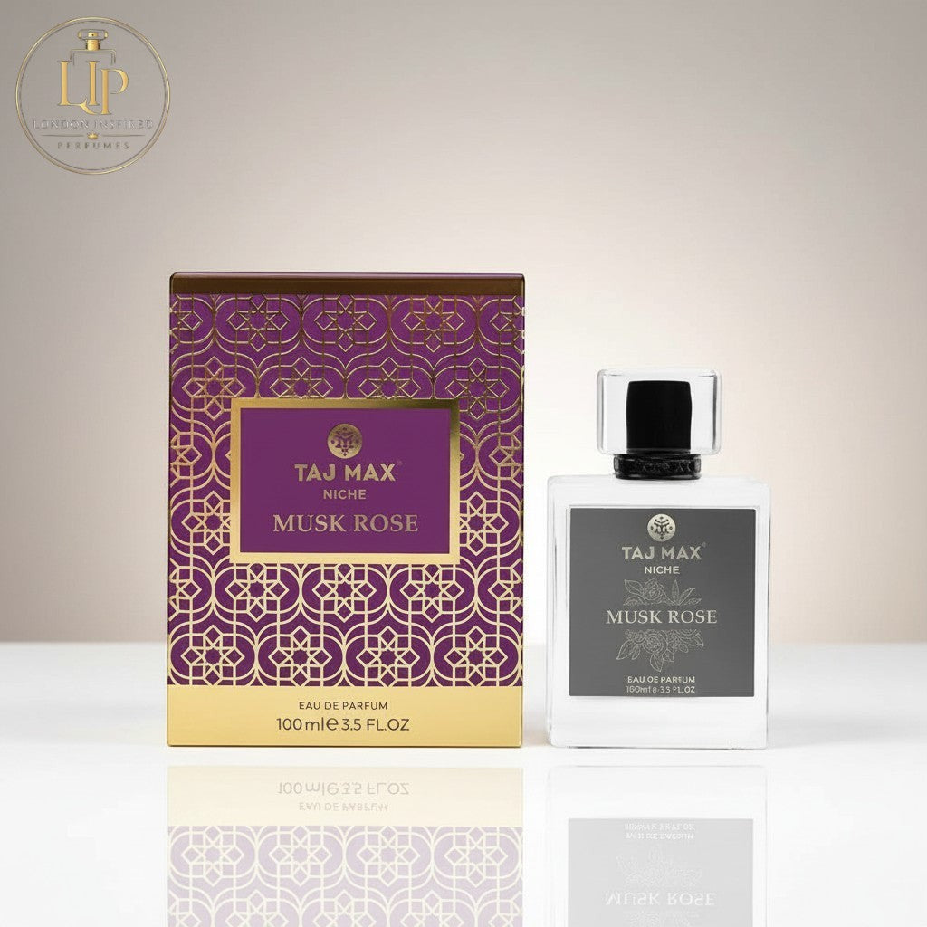 London Inspired Perfumes MUSK ROSE TAJ Max Eau de Parfum 100ml bottle and box with purple and gold geometric design.