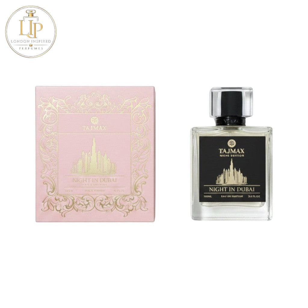 London Inspired Perfumes Taj Max Night in Dubai Niche Edition 100ml Eau de Parfum bottle and pink box with gold ornate details.