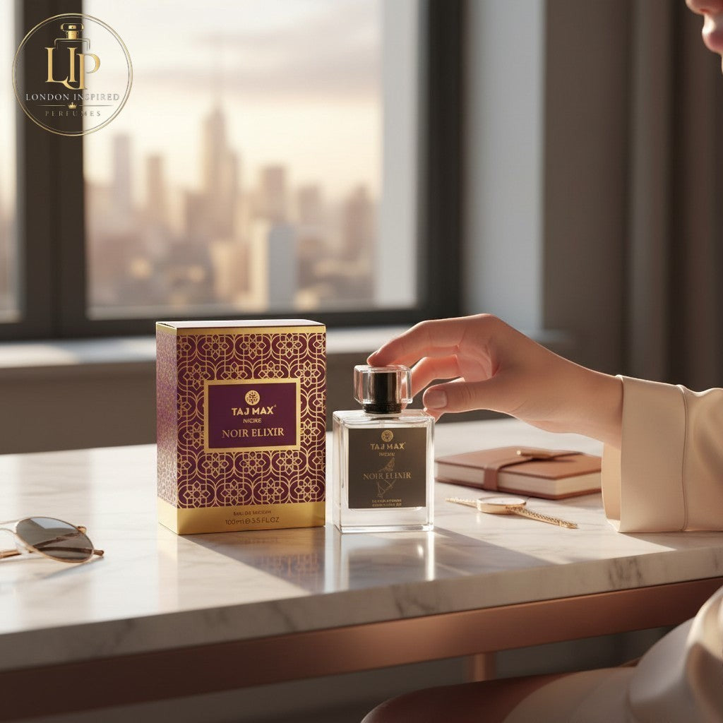 London Inspired Perfumes NOIR ELIXIR TAJ Max Eau de Parfum 100ml, woody fougere unisex fragrance with notes of basil, grapefruit, pepper, amber, and patchouli.