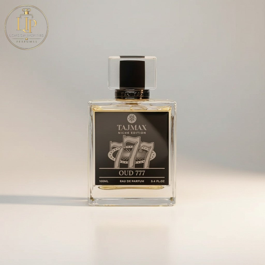 London Inspired Perfumes OUD 777 TAJ Max Eau de Parfum, woody oriental fragrance with oud, leather, and spice notes.