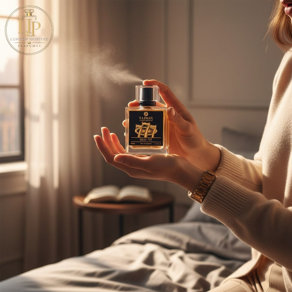 London Inspired Perfumes OUD 777 TAJ Max Eau de Parfum, woody oriental fragrance with oud, leather, and spice notes. 100ml bottle.
