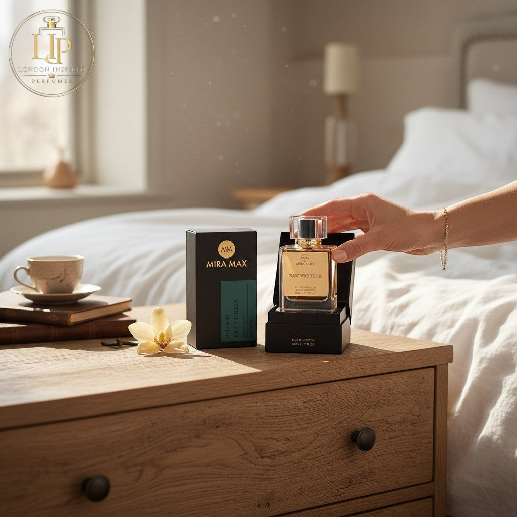 London Inspired Perfumes Mira Max Raw Vanilla Eau de Parfum, 50ml bottle with black cap and gold label. Similar to Matiere Premiere Vanilla Powder.