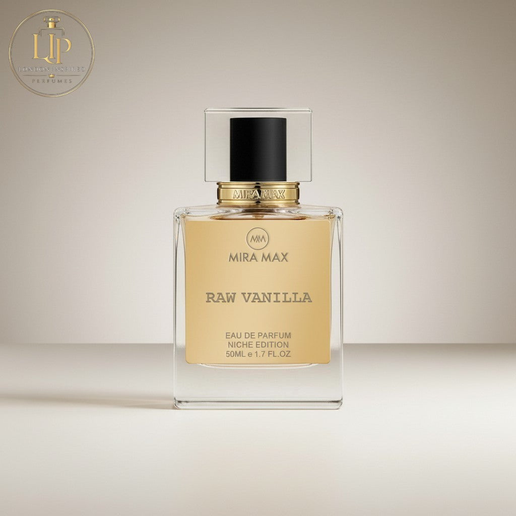 London Inspired Perfumes RAW VANILLA Mira Max Eau de Parfum, 50ml bottle with gold label and black cap.