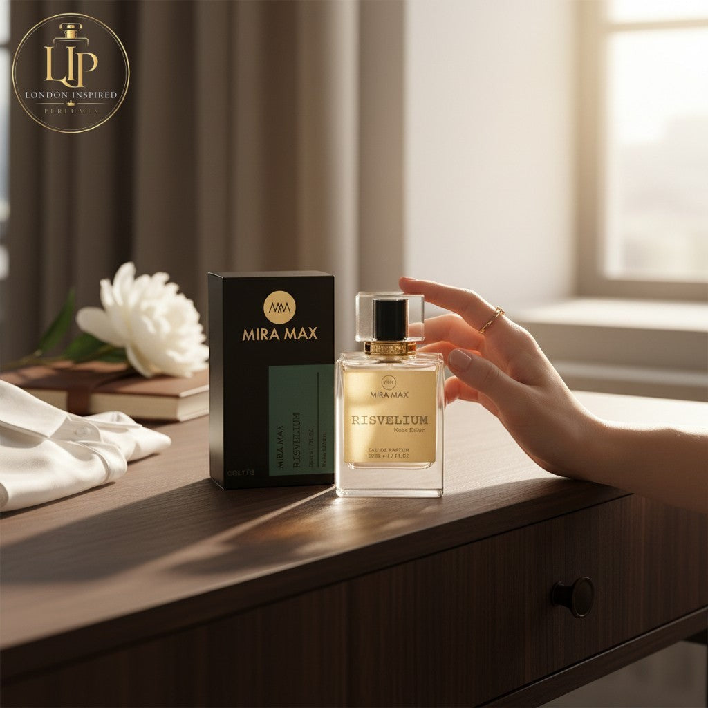 London Inspired Perfumes RISVELIUM Mira Max 50ml Eau de Parfum bottle and box. Woody, Spicy, Fougere fragrance.