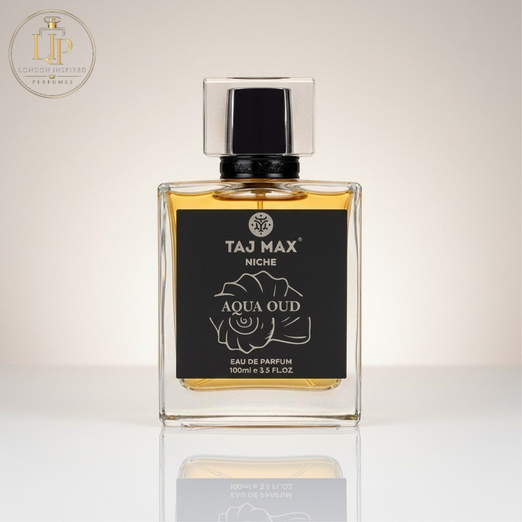 London Inspired Perfumes TAJ Max AQUA OUD Eau de Parfum 100ml, a unisex woody and leather fragrance with patchouli notes.
